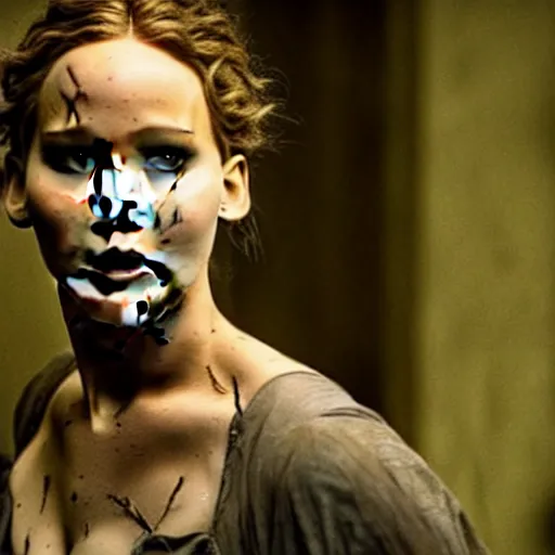 Image similar to jennifer lawrence as frankenstein's monster, color photography, sharp detail, still from the movie