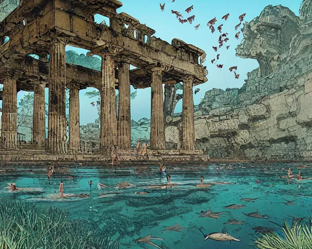 Prompt: a herd of centuars walking by abandoned greek architecture in shallow water, in a cave by the water, digital art, illustrated by james gurney and victo ngai
