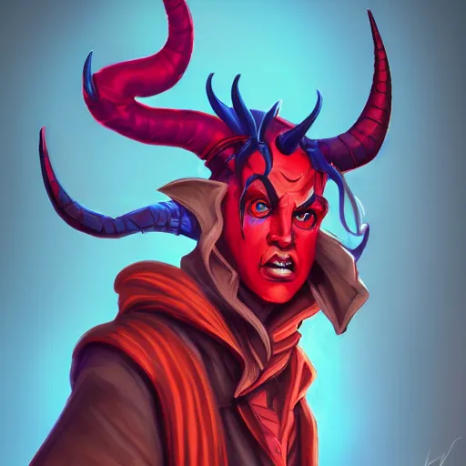 Image similar to Red tiefling wizard, wearing colorful clothes, with curling horns, with piercings in horns, digital art, fantasy ,dynamic lighting, 4k, detailed, trending on artstation, sharp, smooth, by Viktor Antonov