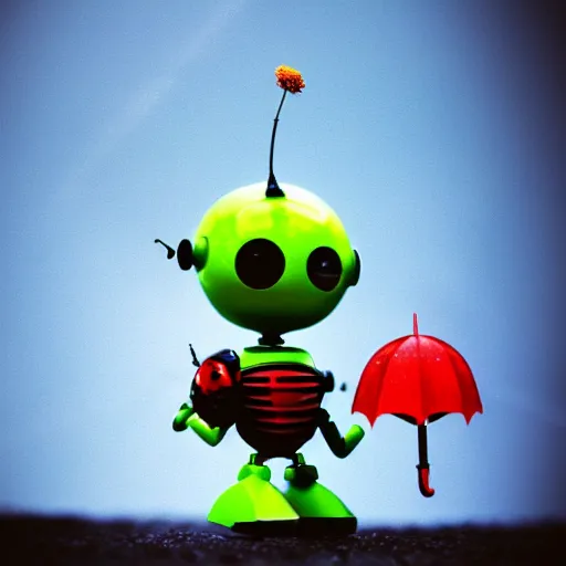 Image similar to a cute tiny robot holds a big flower up like an umbrella, a ladybug is beside the robot, raining, award winning macro photography, kodachrome, dramatic lighting