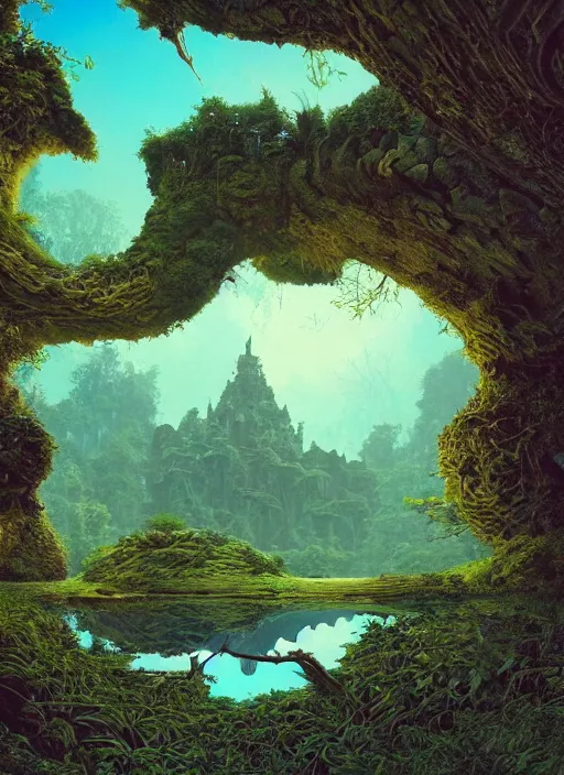 Prompt: breathtakingly beautiful ultrawide angle colour masterpiece weird dream, low angle shot, forest clearing, lake, reflections, symmetry, strange beautiful overgrown temple, incredible sense of depth and perspective and clarity, arch, by roger dean and kilian eng and ivan bilibin and greg hildebrandt and jean giraud and giger and beeple and studio ghibli, 8 k