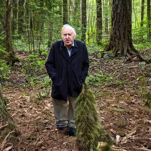 Prompt: Sir David Attenborough in the woods discovering Bigfoot Sasquatch