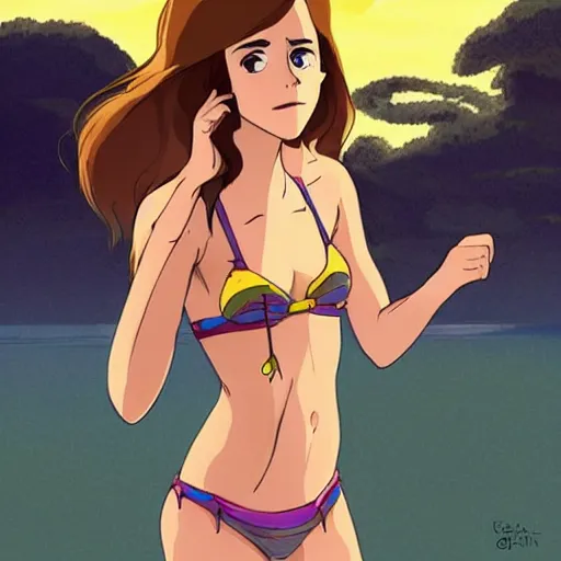 Prompt: Emma Watson, flowing hair, bikini. in the style of Studio Ghibli, trending on artstation