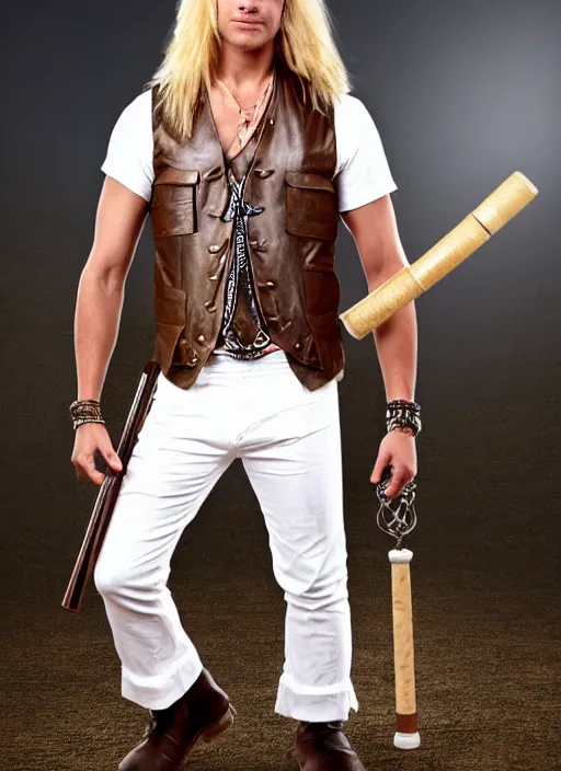 Image similar to a male ranger with a bongo drum and holding nunchaku, wearing a leather vest and white linen pants, chiseled good looks, long swept back blond hair, puka shell necklace, dnd, digital art