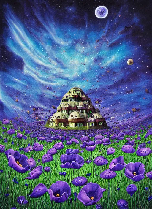 Image similar to detailed, intricate blue black and purple papaverum flower on the field, nebula, galaxy in the sky, winning award masterpiece, fantastically beautiful, illustration, aestheticly inspired, jacek yerka, upscale with anguissola sofonisba work, artstation, 8 k