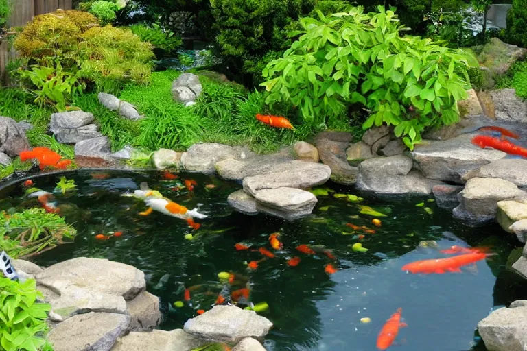 Image similar to a koi pond for the koi gods in mystical armour, magical aura, flying particles, mystical