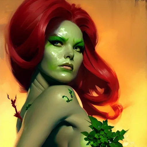 Image similar to Greg Manchess portrait painting of Poison Ivy as Overwatch character, medium shot, asymmetrical, profile picture, Organic Painting, sunny day, Matte Painting, bold shapes, hard edges, street art, trending on artstation, by Huang Guangjian and Gil Elvgren and Sachin Teng