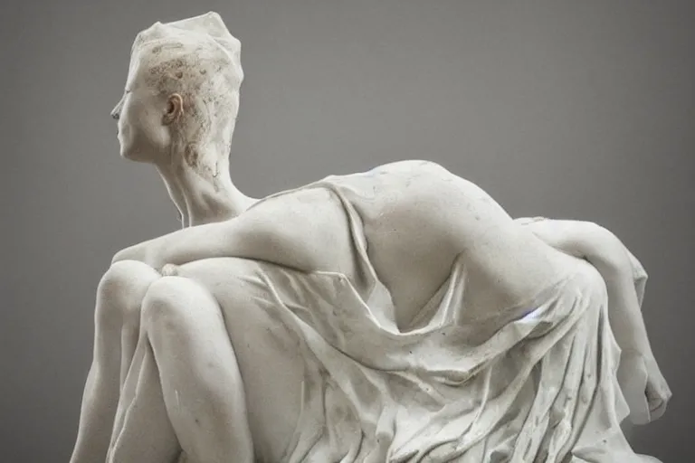 Prompt: a sculpture of a beautiful woman sitting on a chair, a white marble sculpture covered with floating wax by nicola samori, behance, neo - expressionism, marble sculpture, apocalypse art, made of mist