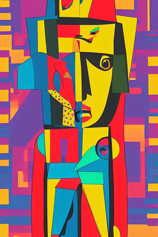 Image similar to cubist moai statue cutout digital illustration cartoon colorful beeple