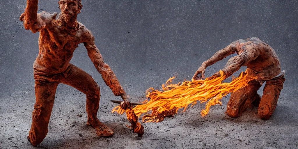Image similar to highly detailed photography of a men made of rust clay and fire, rocks, hand gesture, sharp focus, dust particles, dirt, dramatic scene, aesthetic, wood, dynamic lighting, elegant, harmony, masterpiece, by roberto ferri, blue background, high quality, spatula