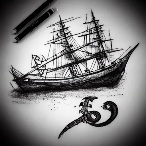 Prompt: realism tattoo design sketch of a pirate ship, in the style of Da Ink