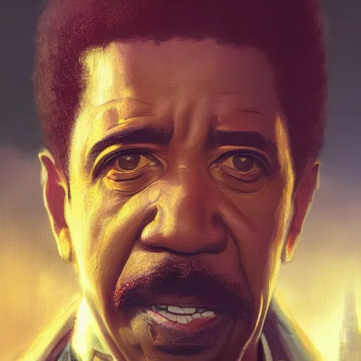 Image similar to closeup portrait of richard pryor, dramatic lighting, city background, chiaroscuro, high detail, painted by greg rutkowski, trending on artstation