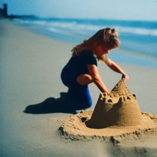 Image similar to a photo of cat making a sand castle on the beach, cinestill, 8 0 0 t, 3 5 mm, full - hd