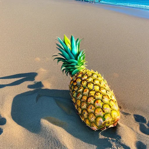 Image similar to a pineapple with a bikini on the beach.