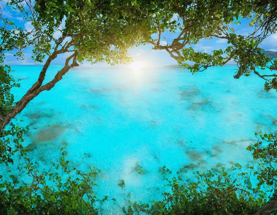 Image similar to photo of ultra realistic blue lagoon with exotic tree heart / shaped sandy beach island, sunset lighting