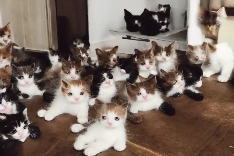 Image similar to a living room full of cute kittens that are all sitting positioned facing directly at the camera and all of the kittens are looking directly into the camera