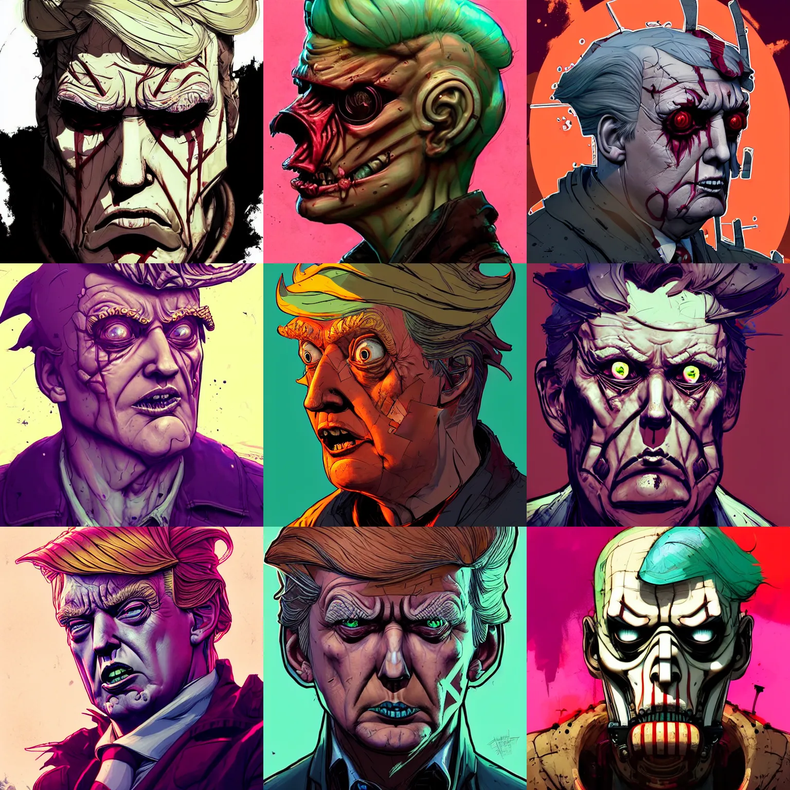 Prompt: asthetics! pretty! cell shaded scary head portrait of donald trump as Borderlands 3 concept art, llustration, postapocalyptic grunge, concept art by josan gonzales and wlop, by james jean, Victo ngai, David Rubín, Mike Mignola, Laurie Greasley, highly detailed, sharp focus,alien,Trending on Artstation, HQ, deviantart, art by artgem