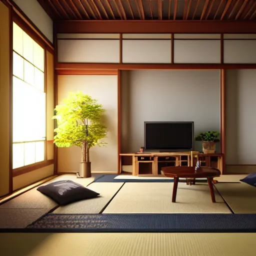 Prompt: still photo of a japanese living room, highly detailed, photorealistic portrait, bright studio setting, studio lighting, crisp quality and light reflections, unreal engine 5 quality render