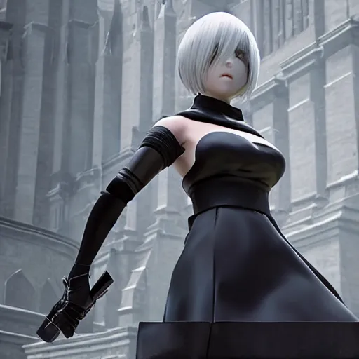 Prompt: 2 b nier automata standing in front of a church, 3 d render, unreal engine, octane render, ray tracing, unity, highly detailed, high quality, hd, 4 k, 8 k, realistic, sharp, trending