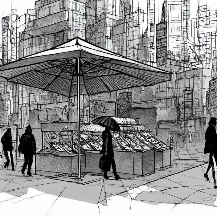 Image similar to close view of market stall. umbrellas on the stall. set in a square, pedestrians walk past. background of old soviet monument. storyboard, scifi cyberpunk. by gabriel hardman, joe alves, chris bonura. cinematic atmosphere, detailed and intricate, perfect anatomy