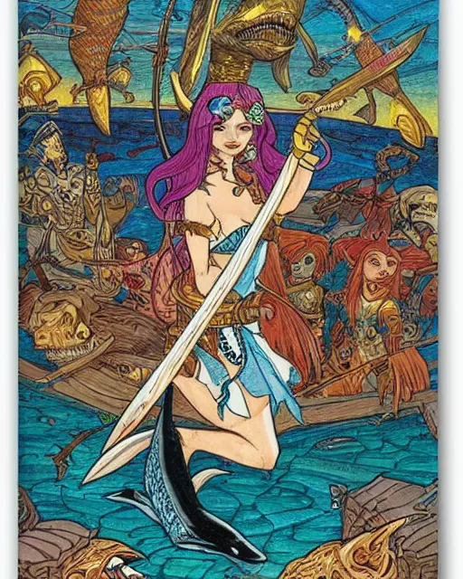 Image similar to a shark pirate queen with iridescent coloring and holding melee weapons by ivan bilibin