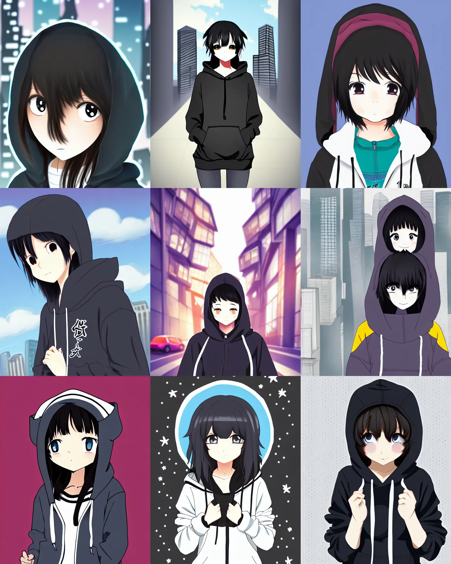 Prompt: black haired girl wearing hoodie, city, anime, by yumei