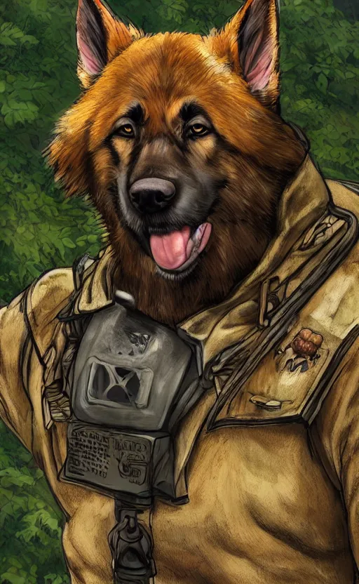 Image similar to close up character portrait icon of the german shepard beast - man military uniform head animal person wearing clothes standing in the bright forest, hidari, color page, tankoban, 4 k, tone mapping, akihiko yoshida