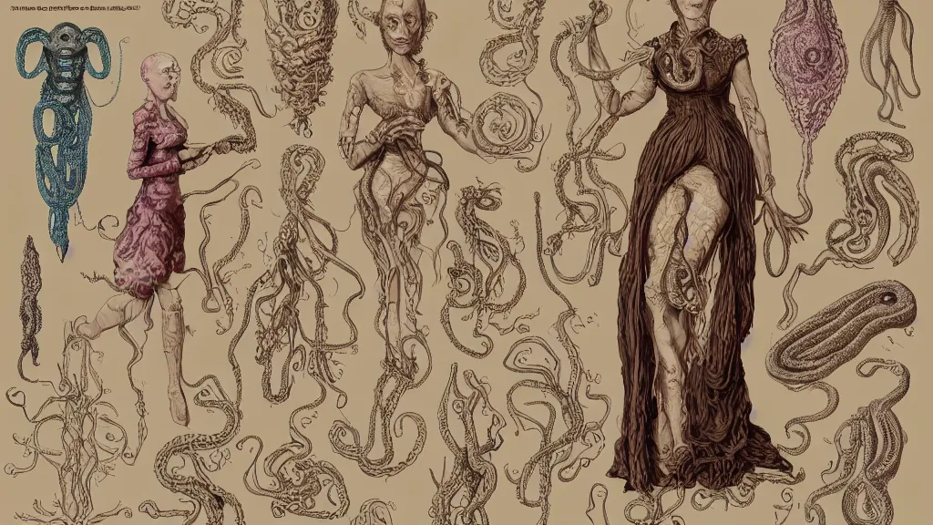 Image similar to aged paper, colorful character sheet for a stocky alien extraterrestrial female servant maid with thick snake - like tentacles instead of hair, long dress with apron, ernst haeckel, coherent, illustration, digital art, trending on artstation, hd, 8 k, good lighting, beautiful, rough paper, masterpiece