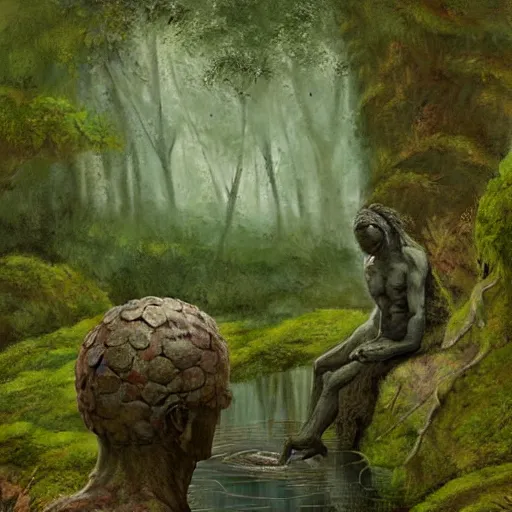 Image similar to ancient stone golem resting beside a pond inside a forest, statue with moss, oil painting, by Greg Rutkowski