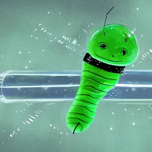 Image similar to a cute green caterpillar spinning a chrysalis inside a space station, sci-fi illustration