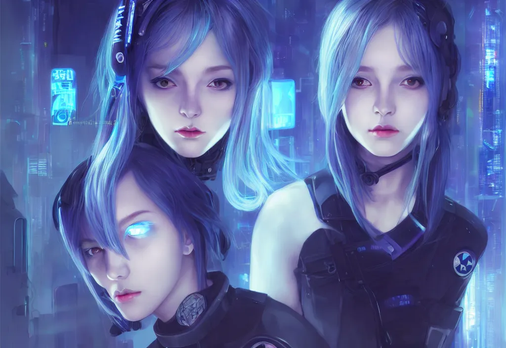 Image similar to portrait grey blue hair of futuristic police girl, black color uniform, at cyberpunk reflected tokyo night, ssci - fi and neon light, fantasy, intricate and beautiful, highly detailed, digital painting, artstation, concept art, smooth and sharp focus, illustration, art by tian zi and wlop and alphonse mucha