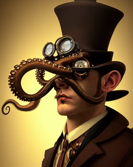 Image similar to steampunk male octopus portrait, handsome, steampunk hat, detective coat, steampunk monocle, complex 3 d render by ilya kuvshinov, peter mohrbacher, greg rutkowski, ryohei hase, dramatic lighting, intricate, highly detailed, sharp focus, luminous, unreal engine, blender, artstation, masterpiece, ray tracing