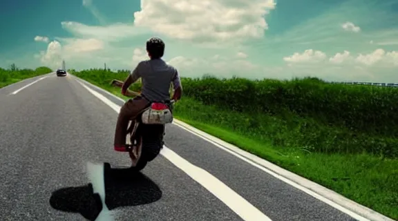 Image similar to movie still of cyclo riding on highway, high details, concept art, photorealistic, 3 5 mm photography