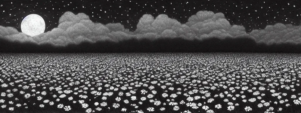 Image similar to A serene flower field at night by Kentaro Miura, highly detailed, black and white