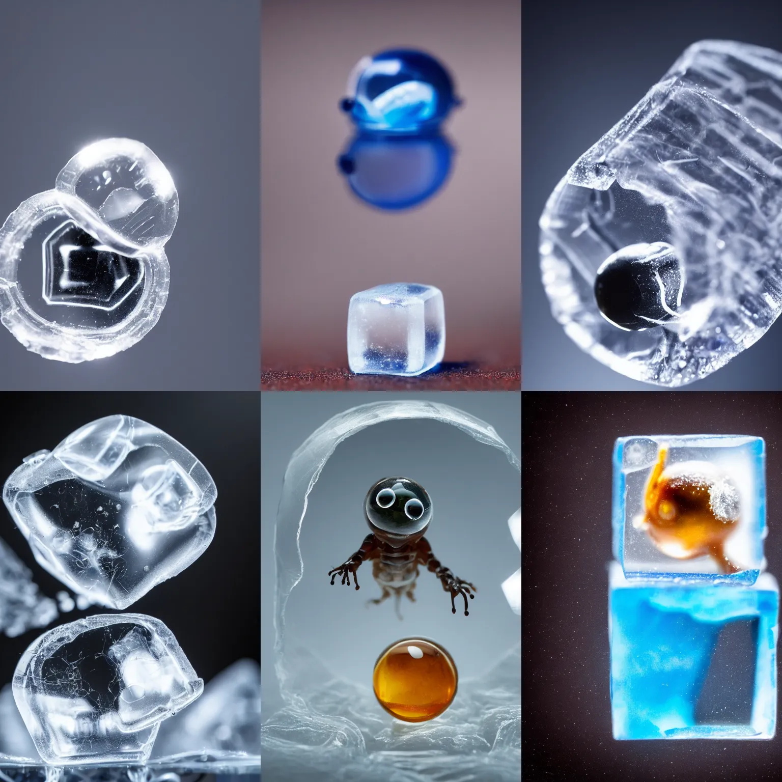 Prompt: a tiny alien creature inside of a transparent ice cube, macro photography, very detailed, Nikon macro 40mm, 4k, high quality