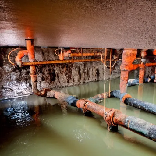 Image similar to underground copper mine, flooded, dirty water, rusty pipes