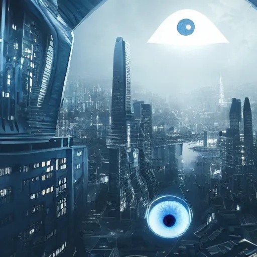 Image similar to a futuristic cityscape, giant eye looking over it, horror, dark light, 8 k, detailed, hyperrealistic