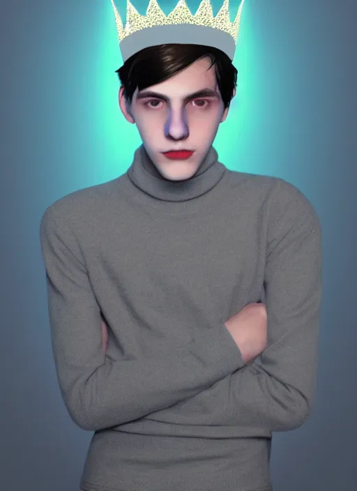 Image similar to portrait of teenage jughead jones wearing a light grey crown, crown, blue turtleneck, 1 9 5 0 s, closed eyes, photorealistic, black hair, glowing lighting, intricate, elegant, glowing lights, highly detailed, digital painting, artstation, concept art, smooth, sharp focus, illustration, art by wlop, mars ravelo and greg rutkowski