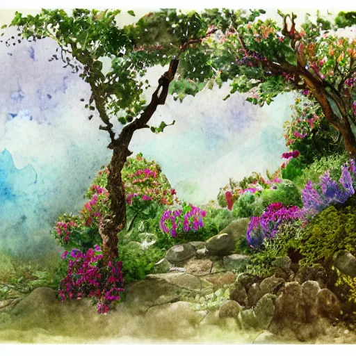 Image similar to delicate coastline mountain garden on paper, stony, puffy, botanical herbarium, botanic watercolors, iridescent, 8 k wide angle, realistic shaded, fine details, artstation, italian, rainbow, colonnade, oak tree, pomegranade, vines, gardena architecture, pompeian, sicilian