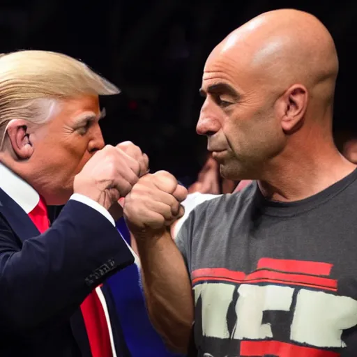 Prompt: joe rogan and donald trump fist bumping, high quality