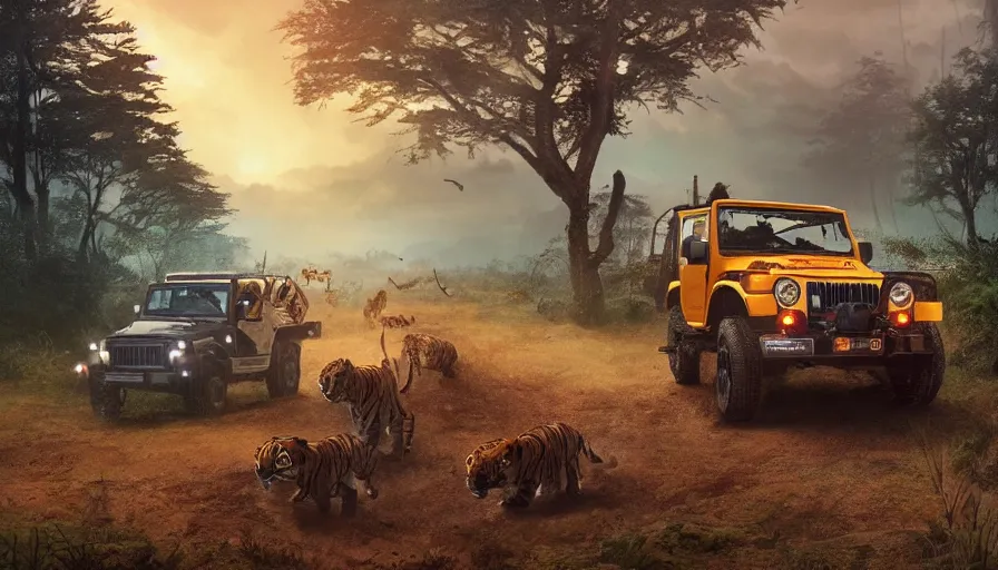 Prompt: Mahindra thar, headlights turned on, tigers and lions attacking, chasing action scene, an epic fantasy, dramatic lighting, cinematic, establishing shot, extremely high detail, photorealistic, cinematic lighting, matte painting, artstation, by simon stalenhag, horizon forbideen west