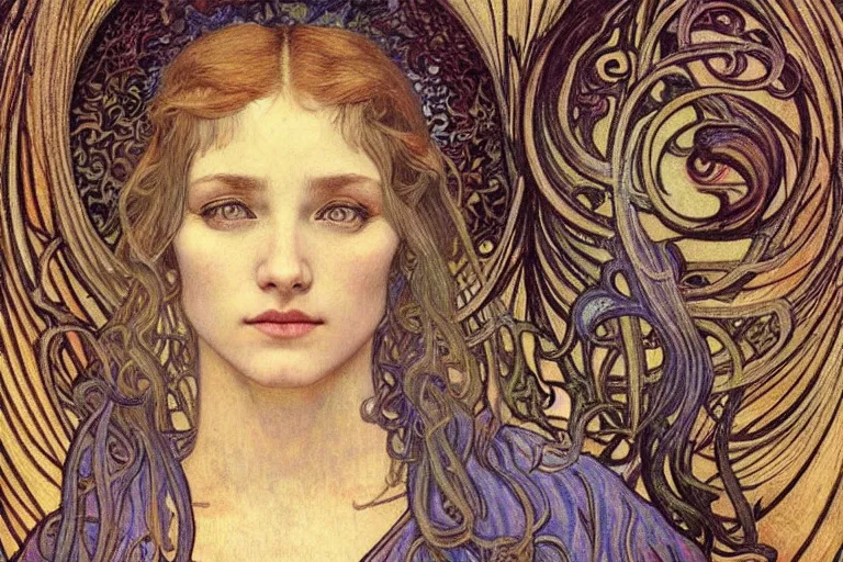 Image similar to detailed realistic beautiful young medieval queen face portrait by jean delville, alphonse mucha, vincent van gogh, and marco mazzoni, art nouveau, symbolist, visionary, gothic, pre - raphaelite