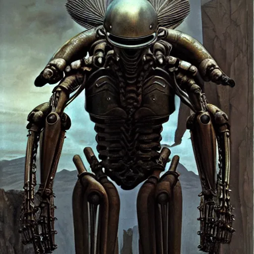 Image similar to still frame from Prometheus movie by giger, necron lord editorial by Malczewski, biomechanical armoured knight by Wayne Barlowe