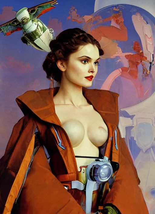 Prompt: an art nouveau realistic illustration of padme amidala wearing an anorak and an evangelion pilot suit designed by balenciaga by john berkey by stanley artgerm lau, greg rutkowski, thomas kinkade, alphonse mucha, loish, norman rockwell