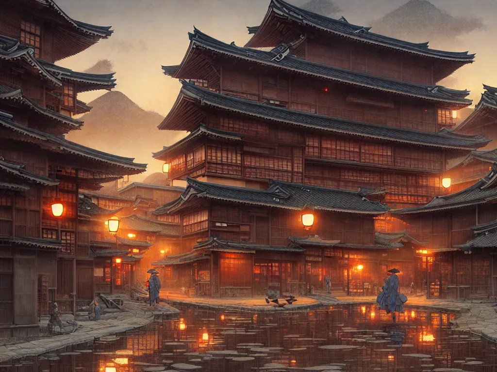 Prompt: old japanese town viewed from harbor, d & d digital painting, intricate details, ultra realistic, beautiful, volumetric lighting, warm colors advance, cell shading, by james jean, greg rutkowski, gerald brom, wlop