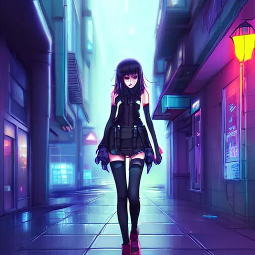 Prompt: digital art , anime girl walking into the streets of a cyberpunk city at night, rain, mist, by artgerm, by krenz cushart, by peter kemp