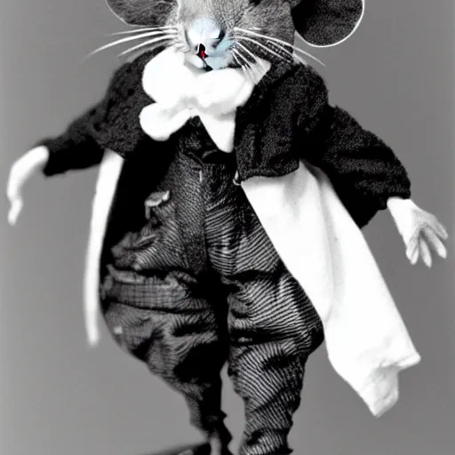 Image similar to old photoraph of a mouse dressed as a man, highly intricate, highly detailed, black and white