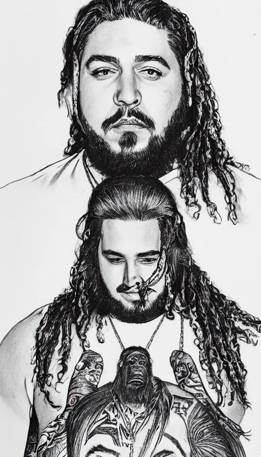 Image similar to ball pen illustration of Post Malone with a gorilla on his back