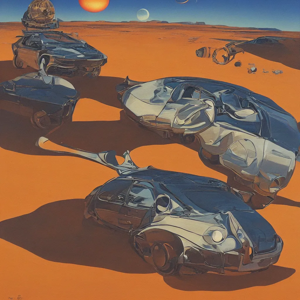 Prompt: a painting of a car in a desert with a planet in the background, an ultrafine detailed painting by edward okun, featured on dribble, retrofuturism, futuristic, y 2 k aesthetic, sci - fi