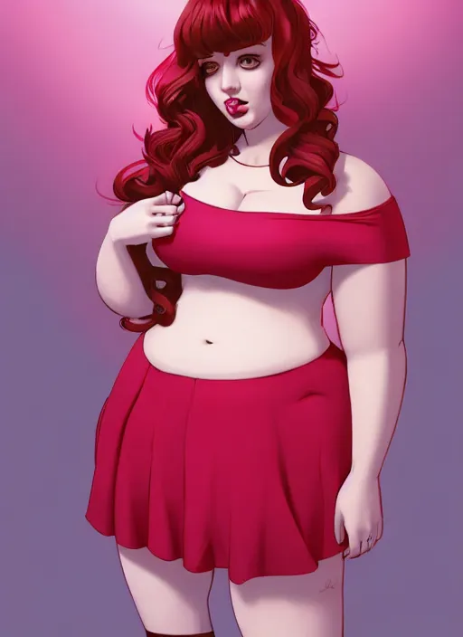 Image similar to full body portrait of teenage cheryl blossom, obese, bangs, green eyes, sultry expression, red hair, sultry smirk, bangs and wavy hair, pink skirt, fat, intricate, elegant, glowing lights, highly detailed, digital painting, artstation, concept art, smooth, sharp focus, illustration, art by wlop, mars ravelo and greg rutkowski